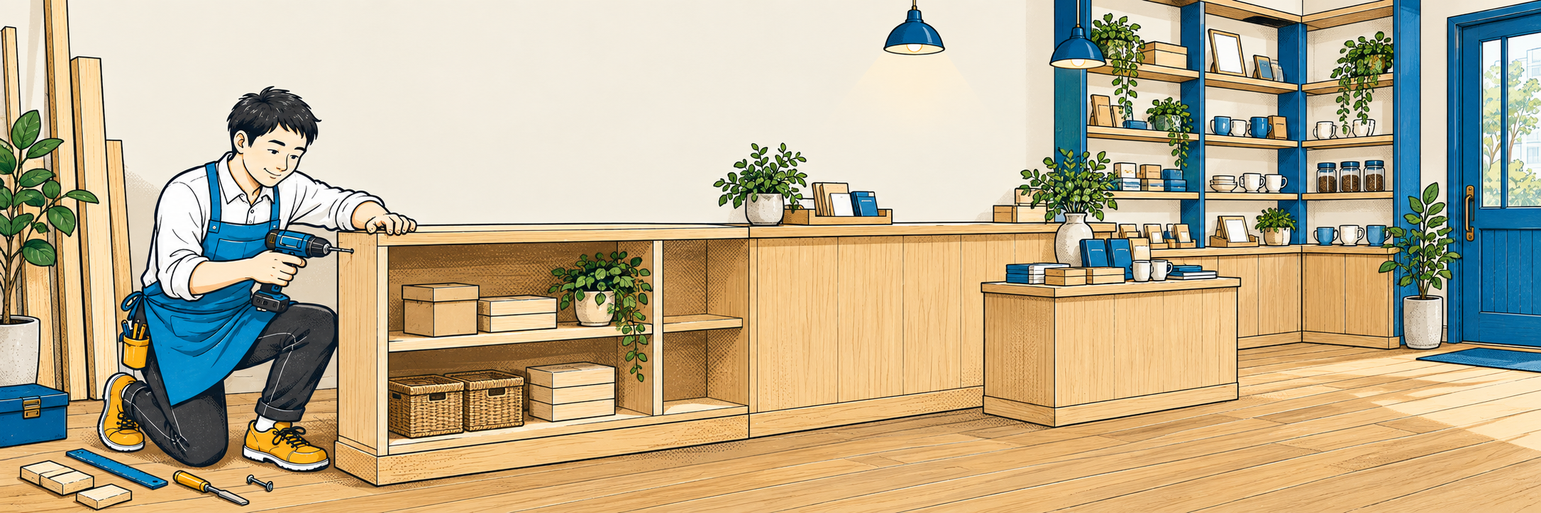 左側で日本人スタッフがドリルで棚を組み立て、造作カウンターから店舗の一角へ続くイラスト