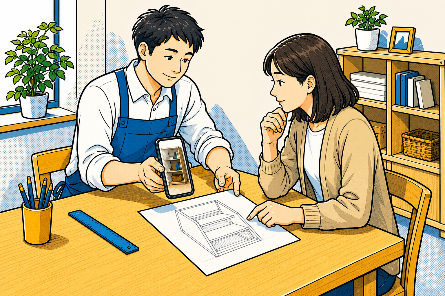住まいの小規模改修を行う日本人スタッフのイラスト
