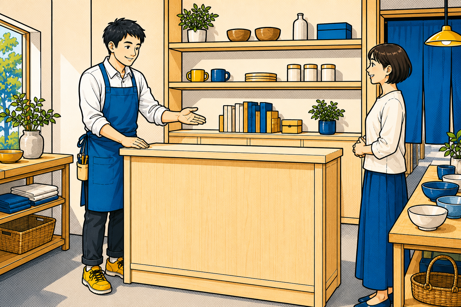 棚・カウンター・什器の造作を行う日本人スタッフのイラスト