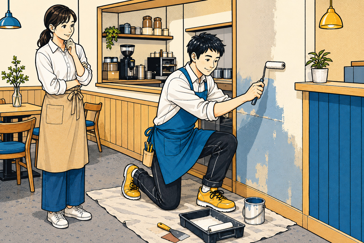 店舗の内装・部分改修を行う日本人スタッフのイラスト